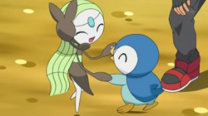 Meloetta, heureuse, danse avec le Tiplouf d'Aurore